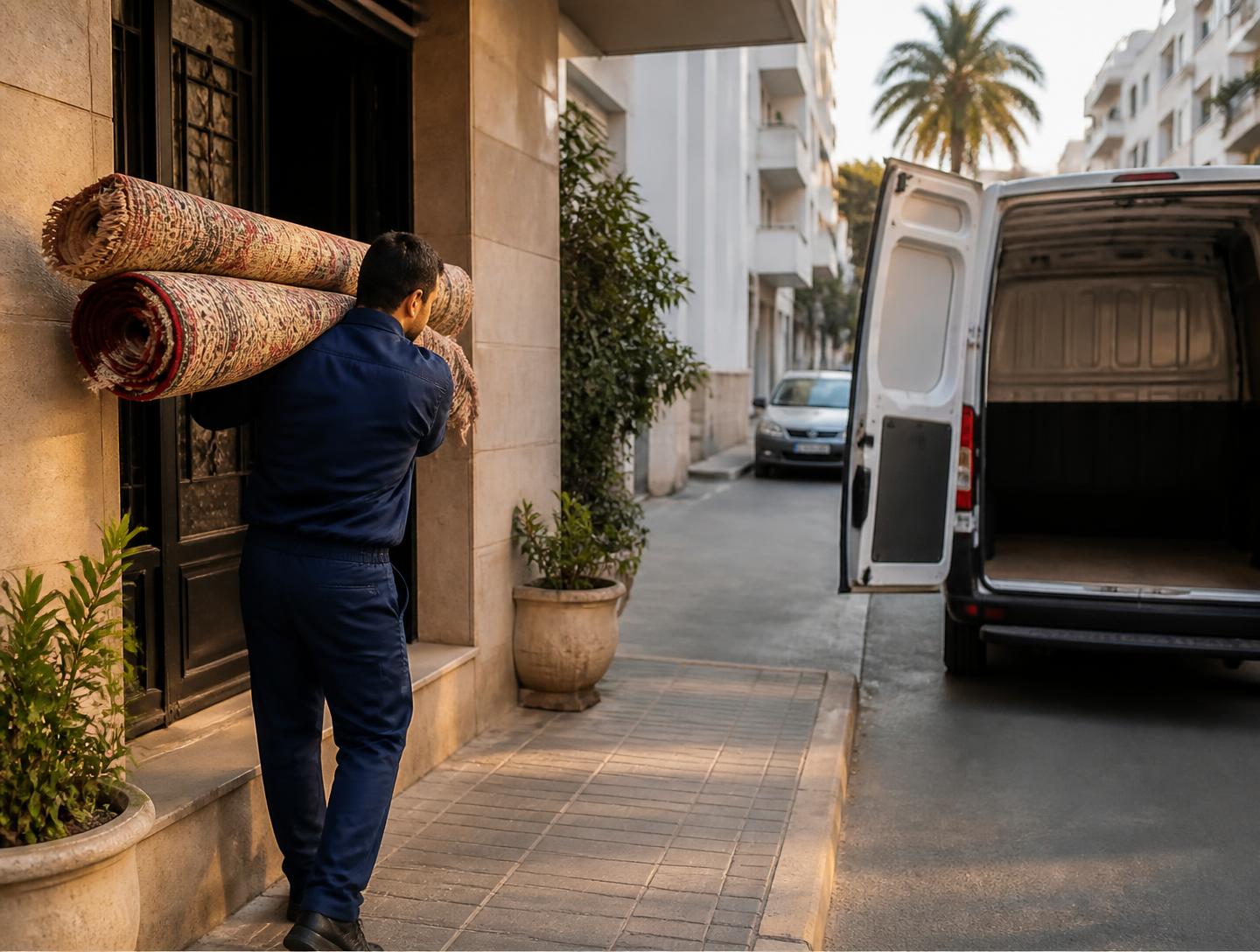 Technicien TOP TAPIS récupérant des tapis roulés chez un client à Casablanca