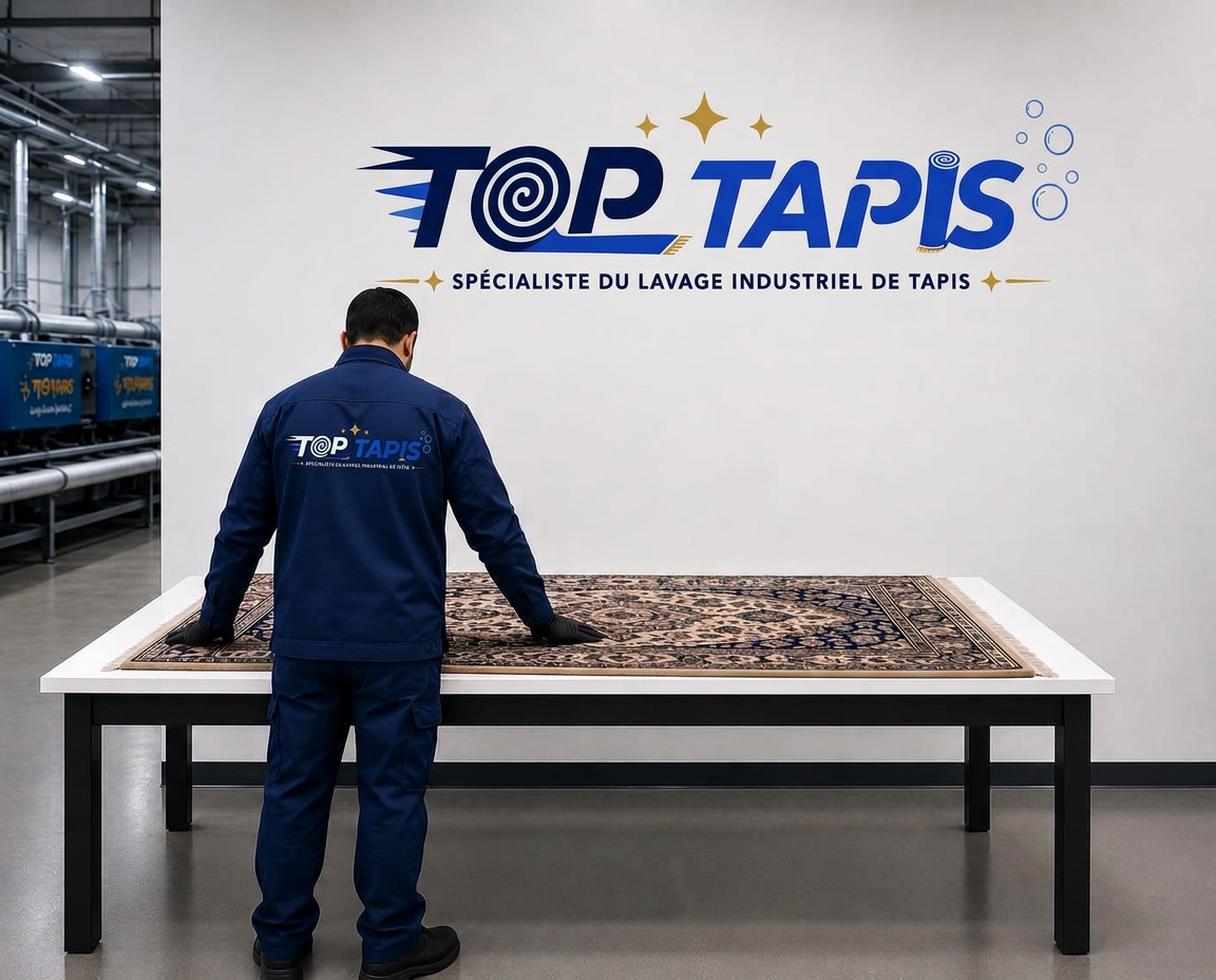 Technicien TOP TAPIS contrôlant un tapis sur la table d'inspection