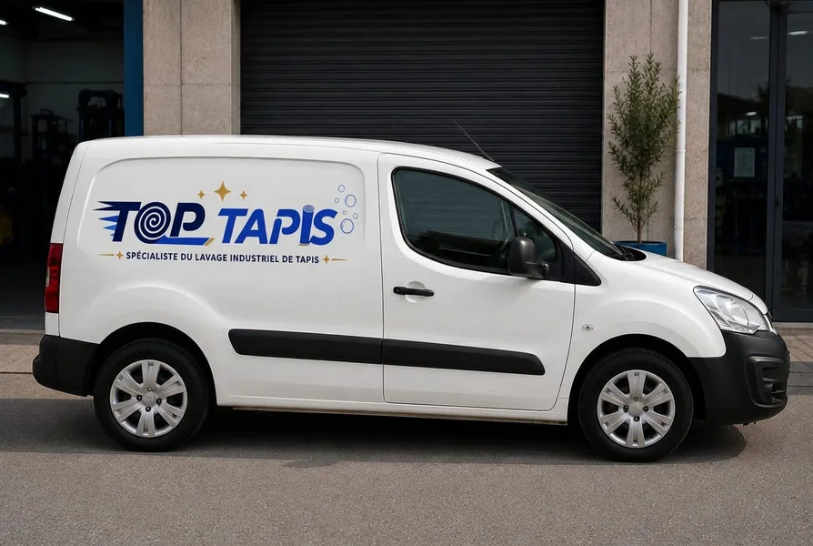 Camionnette de livraison TOP TAPIS devant l'atelier