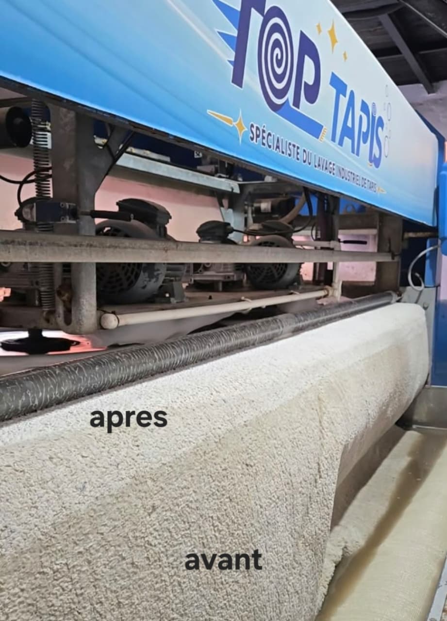 Photo de tapis clair dans la laveuse TOP TAPIS avec les annotations avant et après